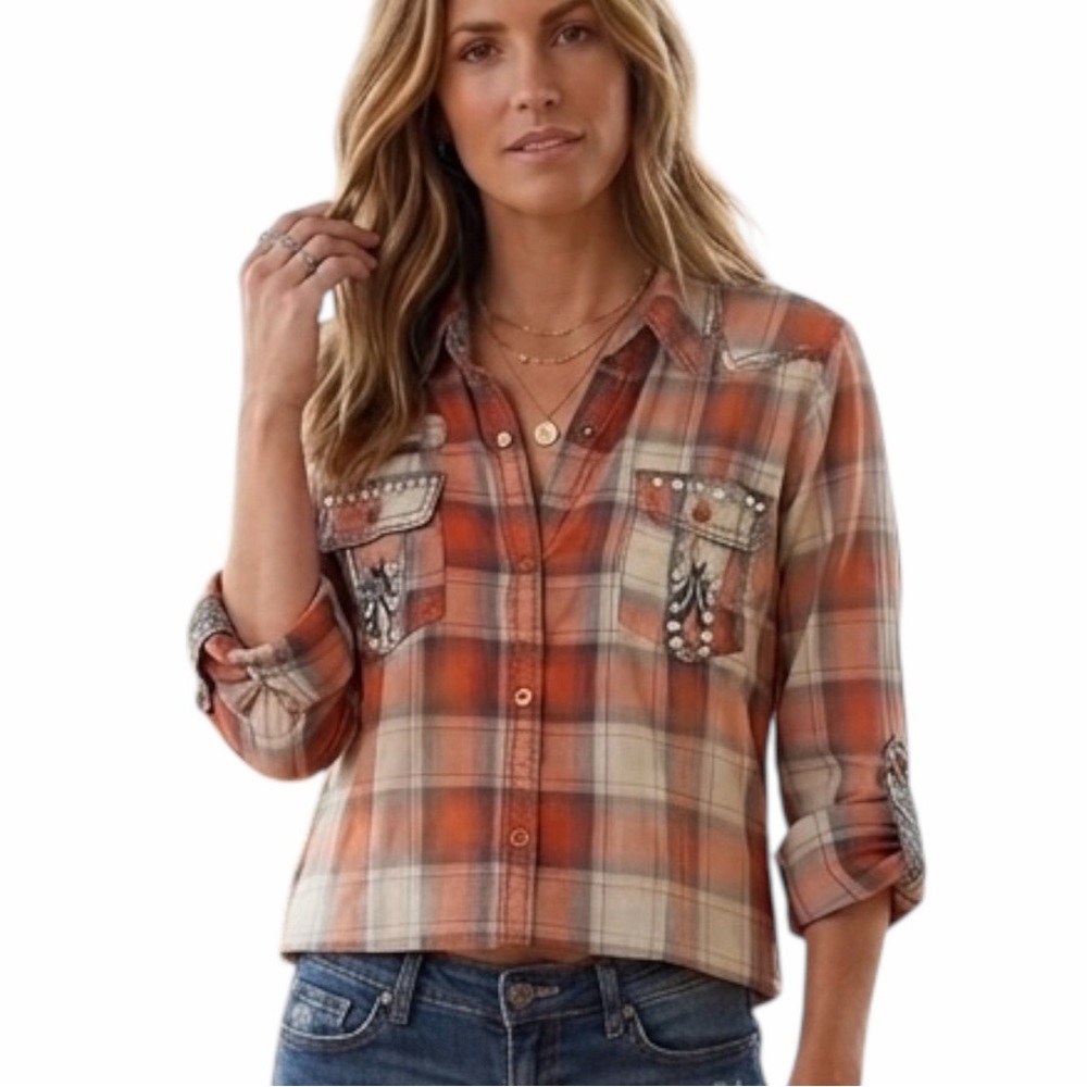 ROAR Women's Orange Plaid Western Button-Down Shirt - Size Medium